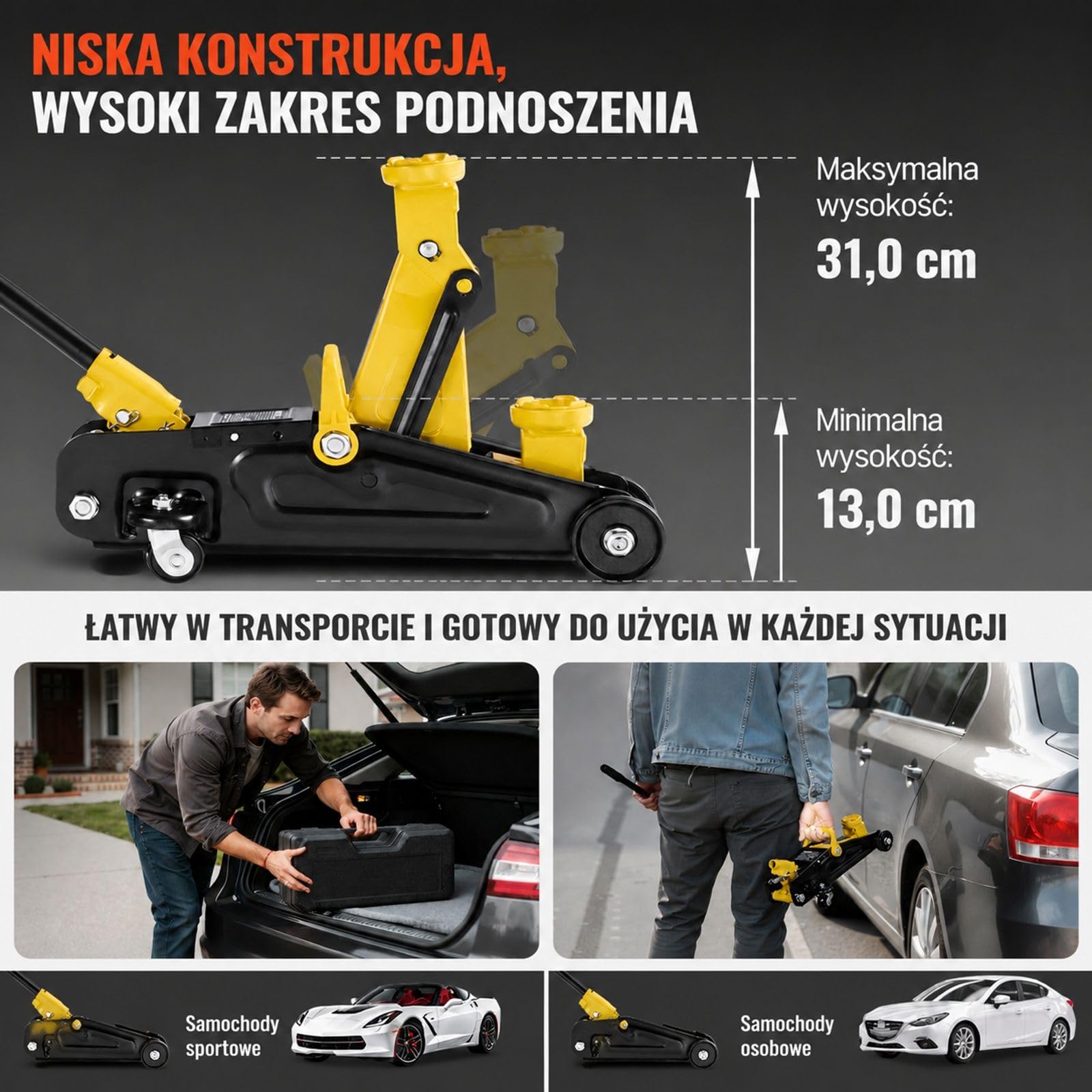 Niskoprofilowy hydrauliczny podnośnik podłogowy ze stali, 1,5 t, pompa z pojedynczym tłokiem, koła 360°, zakres podnoszenia 13-31 cm, do samochodów sportowych i sedanów, żółty czarny