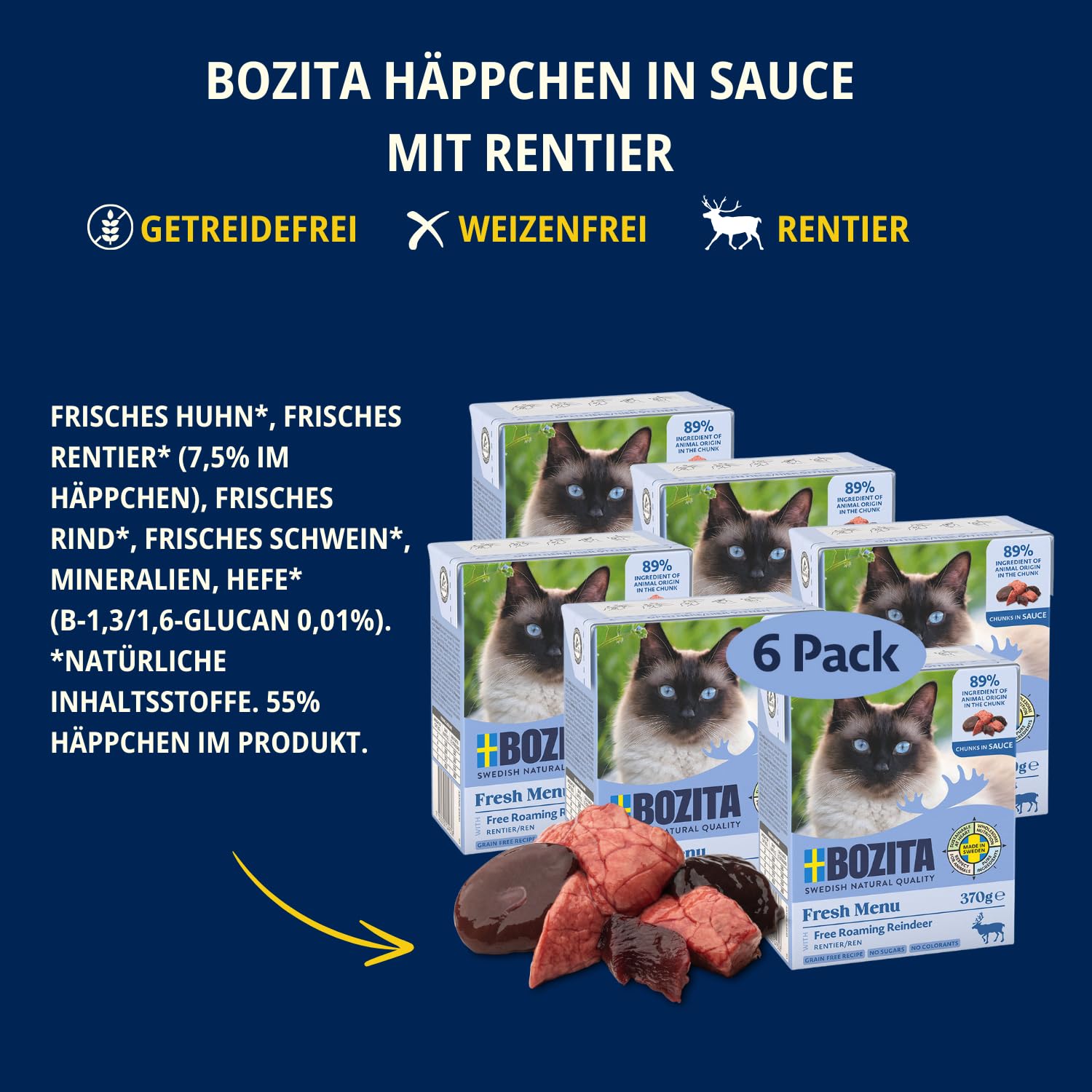 Bozita Tetra przekąski w sosie z reniferem – 6 x 370 g bez zbóż i cukru, mokra karma dla kotów bez techniki genetycznej – 7,5% białka i 5% zawartości tłuszczu – wysoka jakość i wyjątkowo bogata w