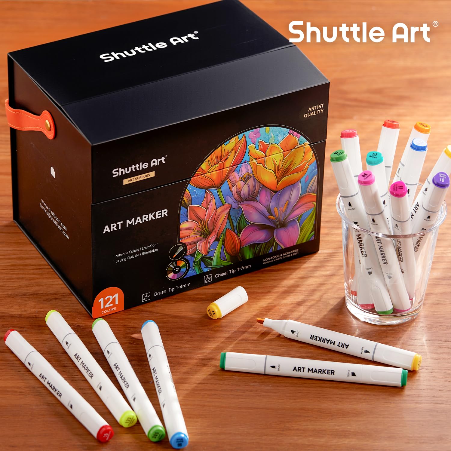 Shuttle Art Alkohol-Marker mit Pinselspitze, Doppelspitze, Pinsel und Keilspitze, Kunst-Marker-Set, 121 Farben, Marker mit organisierter Hülle, perfekt für Illustrationen, Kinder, Studenten