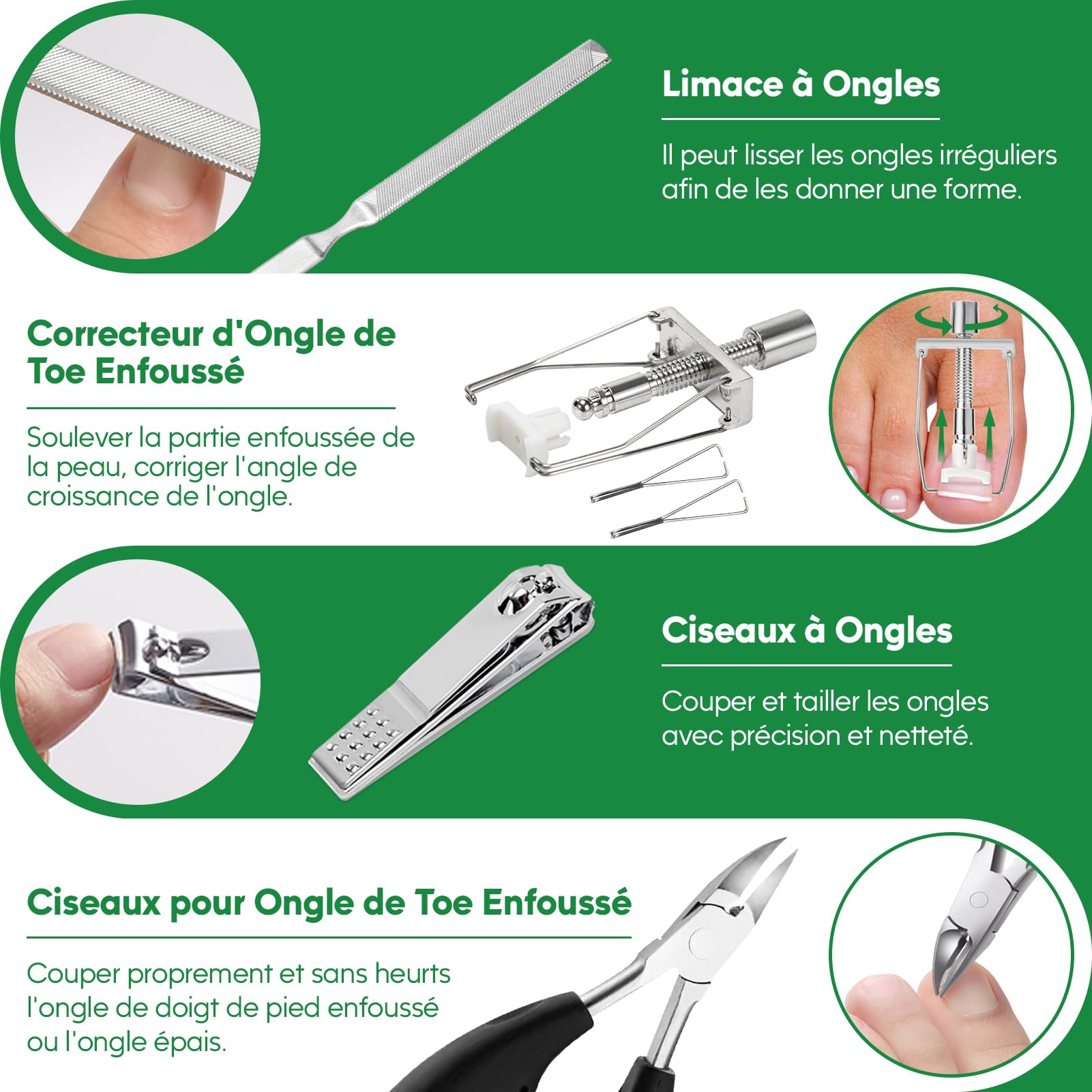 XIFEPFR Kit d'Outils pour Ongle Incarné, Traitement pour Ongle Incarné, Kit de Retrait d'Ongles Incarnés, Correcteur d'Ongle Incarné, Patch Correcteur, Coupe Ongle, Pince Cuticule et Outil de Pédicure