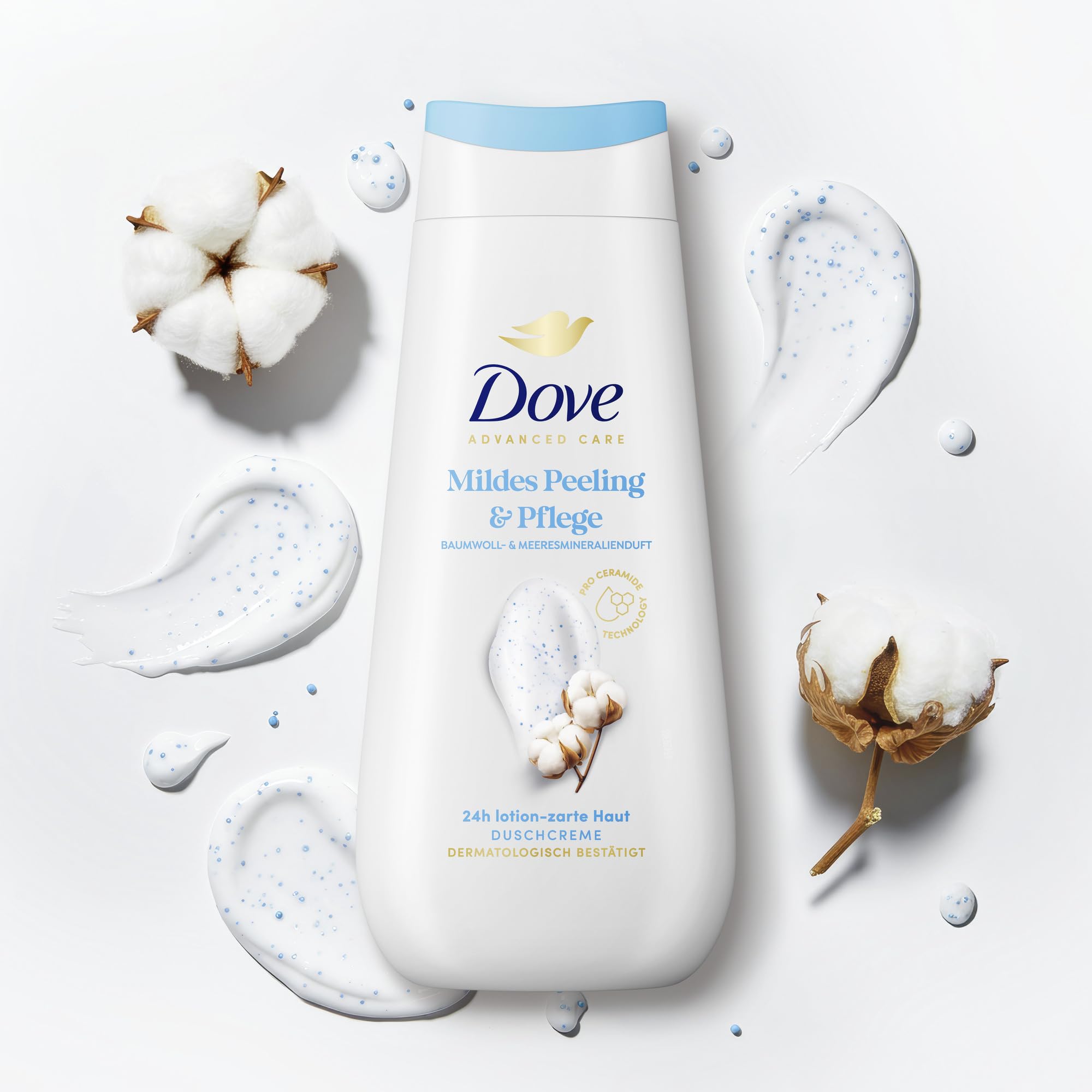 Dove Advanced Care Duschcreme Mildes Peeling & Pflege für 24 Stunden lotion-zarte Haut direkt aus der Dusche mit Pro-Ceramide Technology 12x225 ml