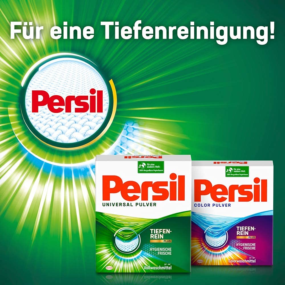 Persil Detergente universal en polvo 200 (2 x 100) cargas de lavado, detergente con tecnología de limpieza profunda Plus combate las manchas más resistentes para una pureza radiante.