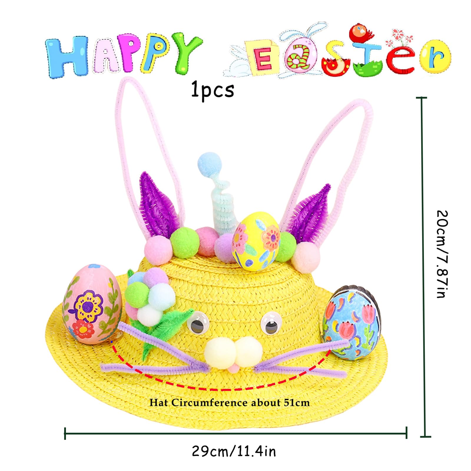 Mienocol Yellow Easter Bonnet Kit,DIY Handmade Hat for Kids Boys Girls Gifts,Make Your Own Bonnet Hat Craft Set including Bunny Eggs Decorations DIY Handmade Game for Easter Party Kindergarten Favors - Image 2