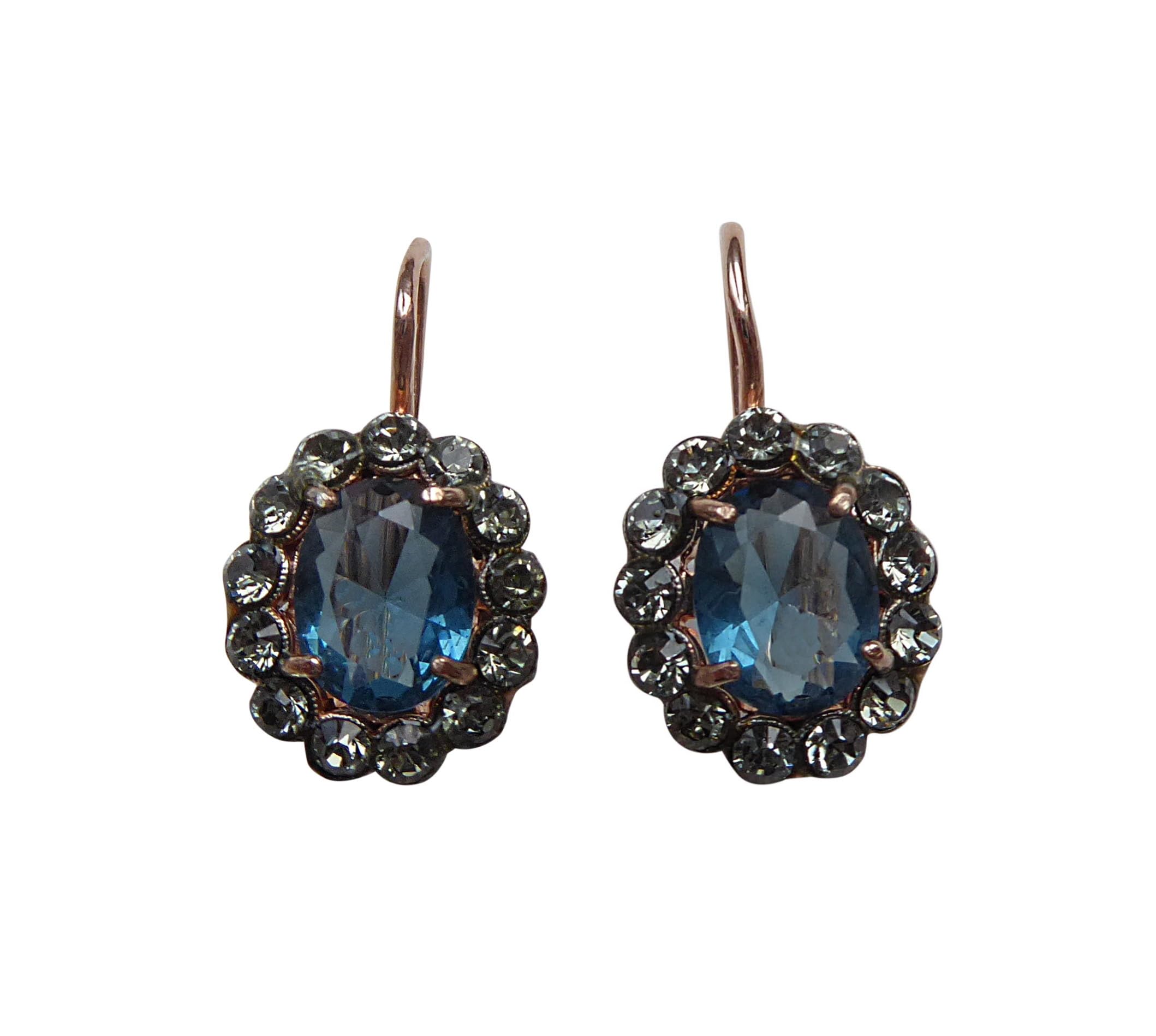 Blaue Achat-Ohrringe Strass Sterling-Silber vergoldet Rot-Vergoldung 18 Karat glänzend Brisur Klappbügel Jugendstil festlich Handarbeit Italien