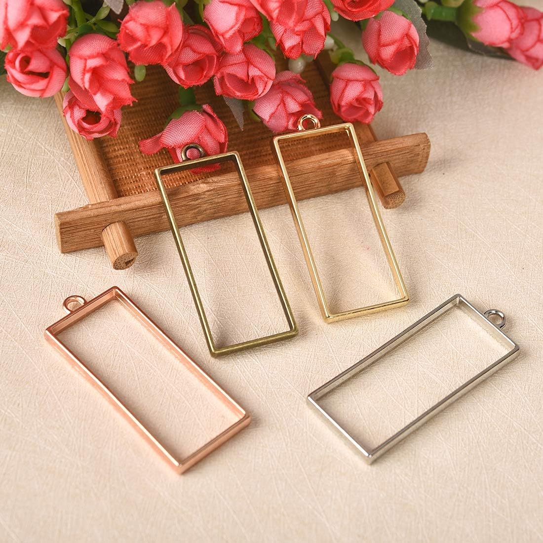 LANBEIDE 20PCS Bezel Charms Pendants, Open Back Bezel Pendants Hollow Mold Pendants Assorted Geometric Hollow Pressed Flower Frame Pendant DIY Crafts for Resin Earrings Necklace Bracelet Rectangle