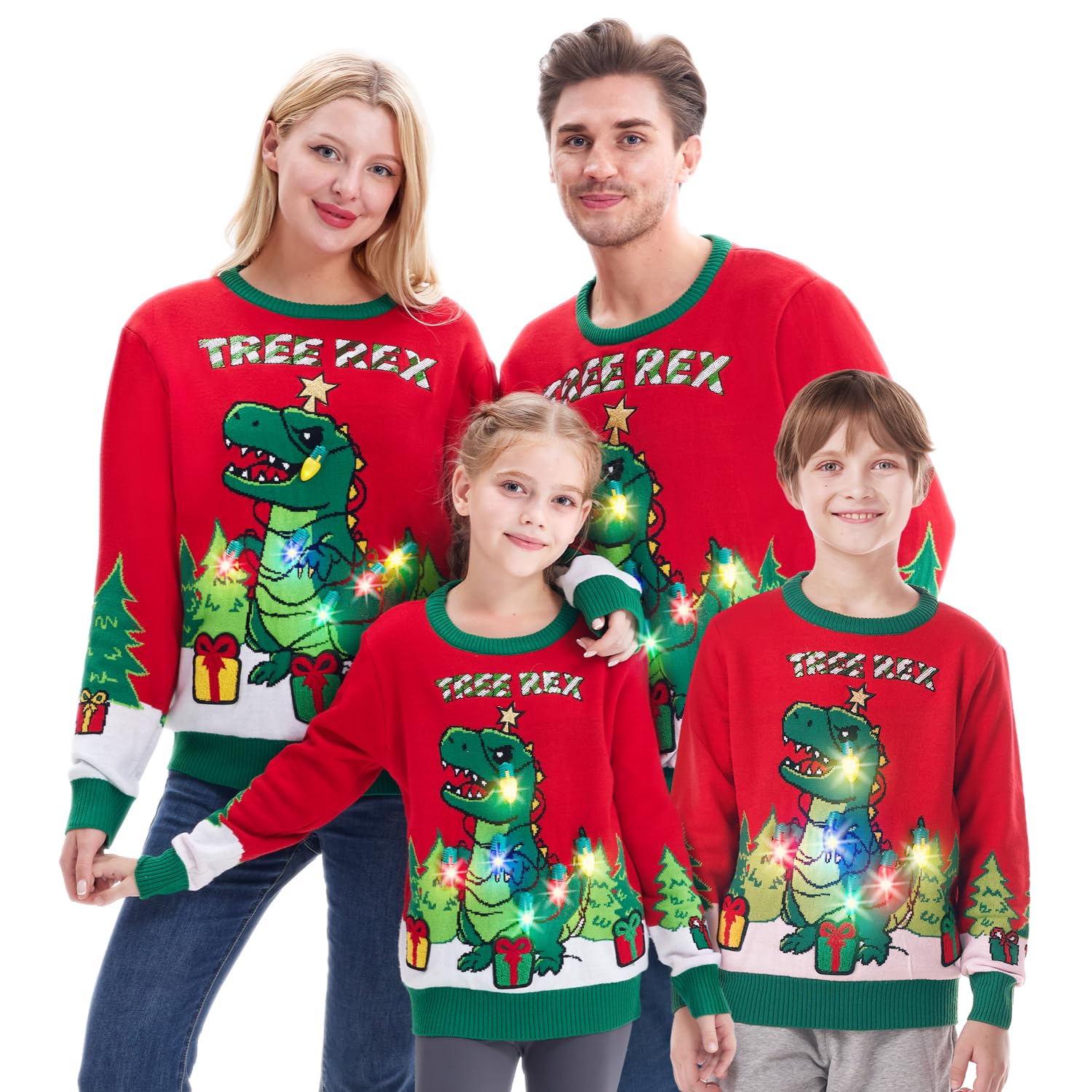Giggling Getup Suéter feo de Navidad, suéter feo de dinosaurio con luz LED, suéter feo de Navidad