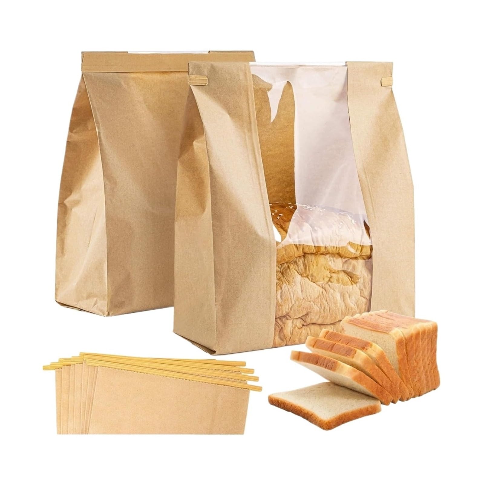 100 Bread Bags With Reusable Ties - Homemade Sourdough Storage Brown Paper Bagel Loaf Bakery With Window Toast for Bread