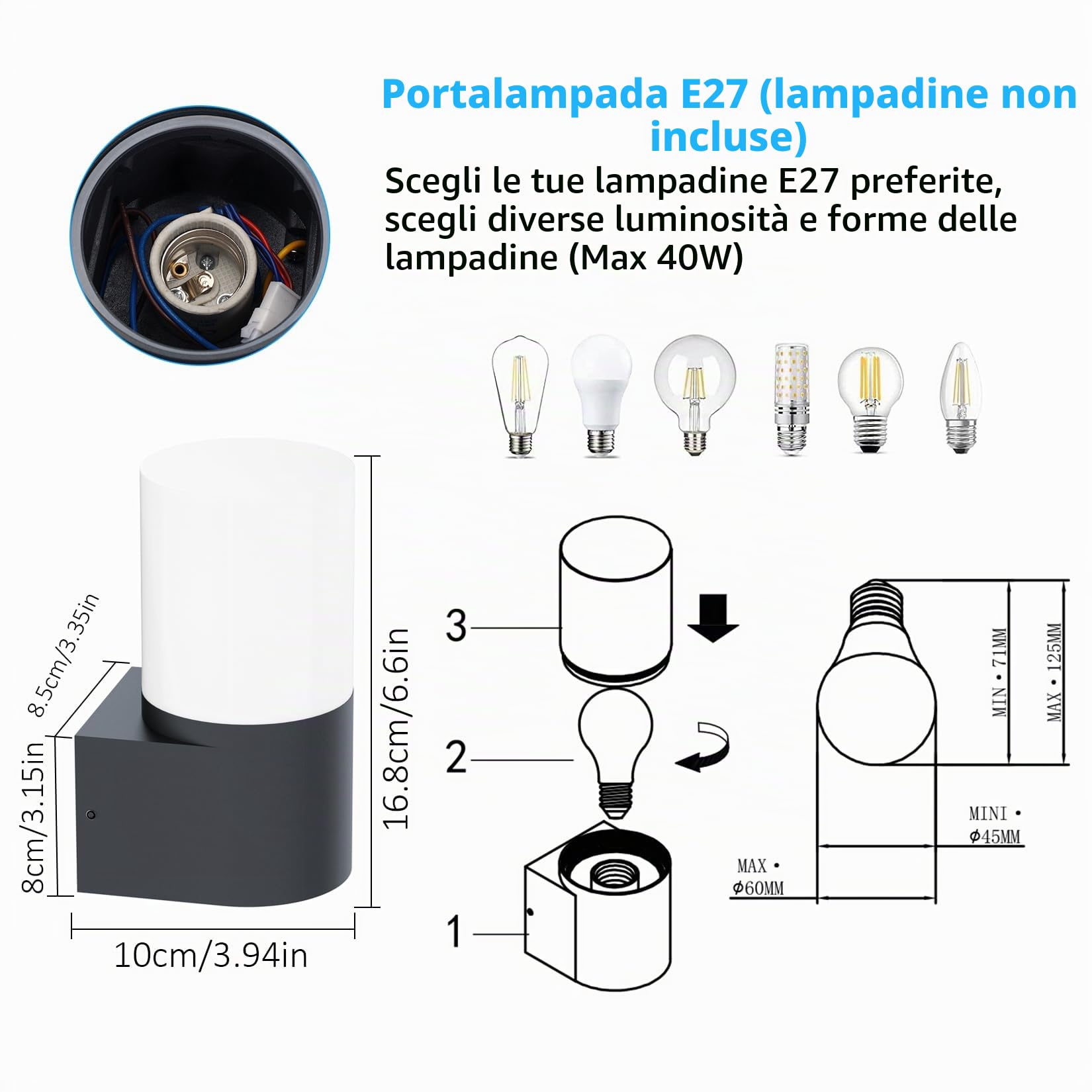 Klighten 2 pezzi Lampada da Parete E27 Esterno/Interno, Antracite Applique da Parete, Impermeabile IP65 Lampada da Muro, Luci da parete Alluminio, per Balconi/Giardini, 40W Max, Non Inclusa Lampadina