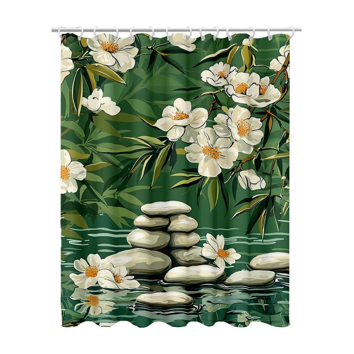 Rideau douche vert 200x180 en tissu imperméable avec motif plantes et 12 crochets