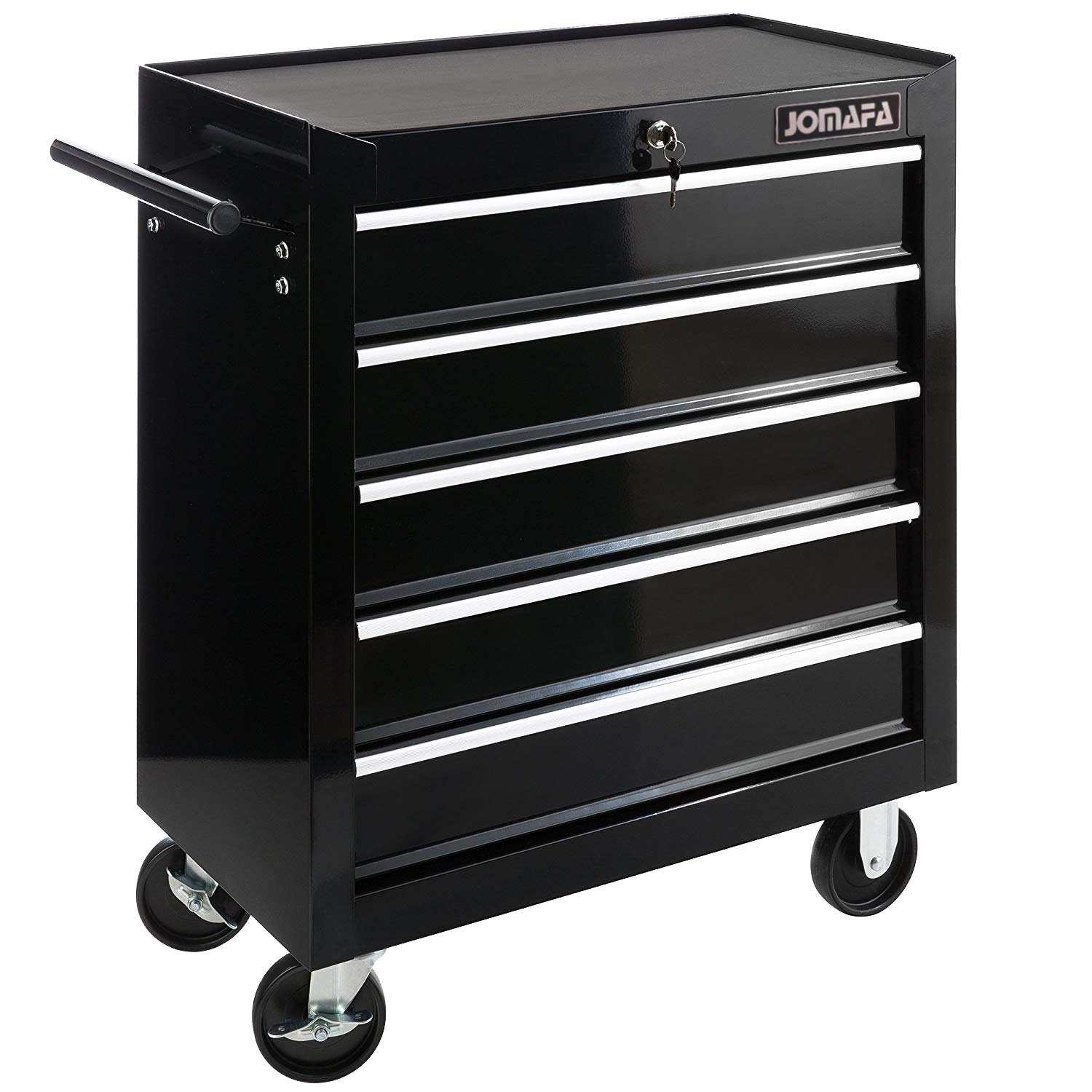 JOMAFA Carro de Taller Caja de Herramientas | 5 cajones | Cerradura por Llave | 4 Ruedas | 2 Ruedas con Freno de Bloqueo | Alfombrillas Antideslizantes