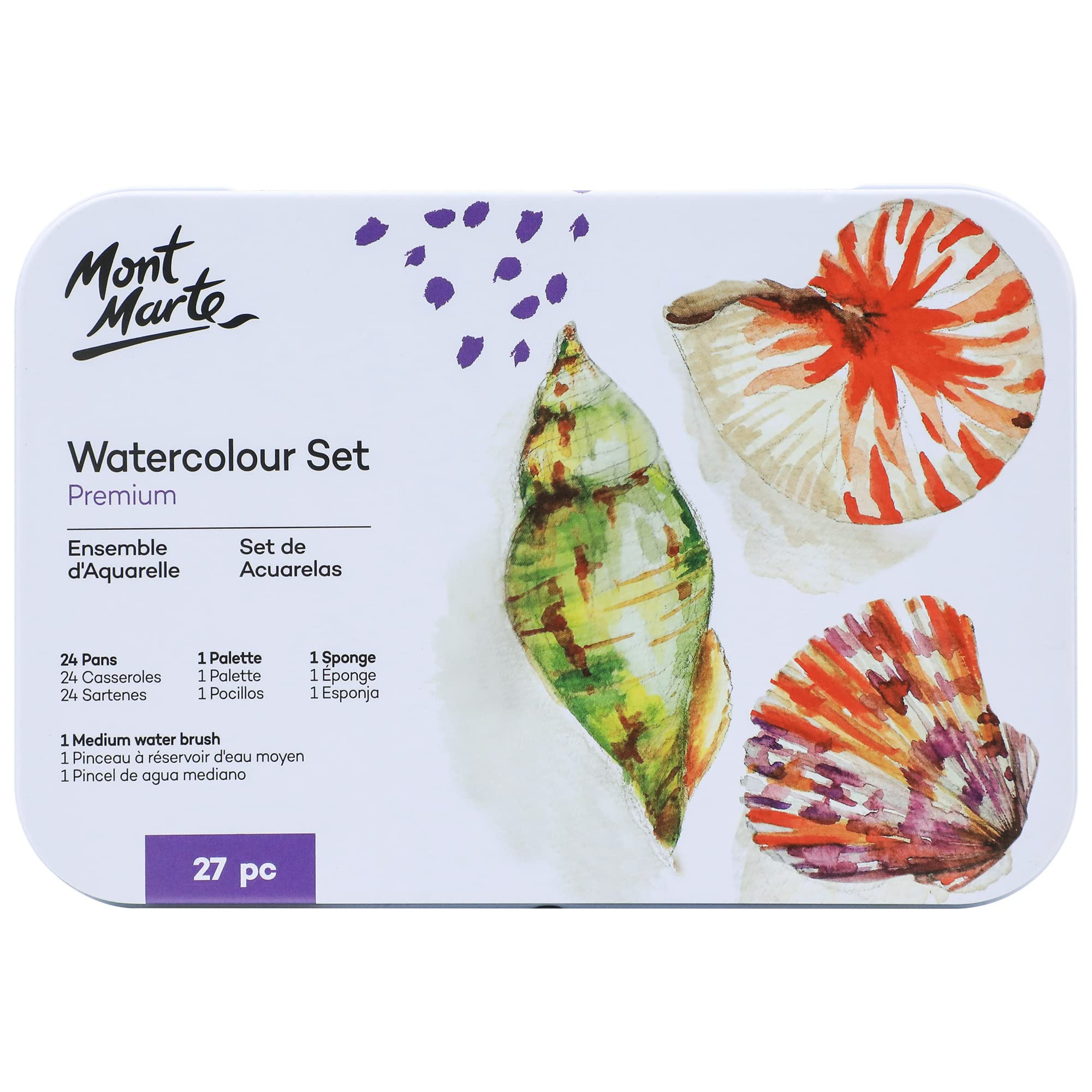 Mont Marte Premium Watercolor Cake Set, 27 Piece, 24 Colors, 1 Water Brush, 1