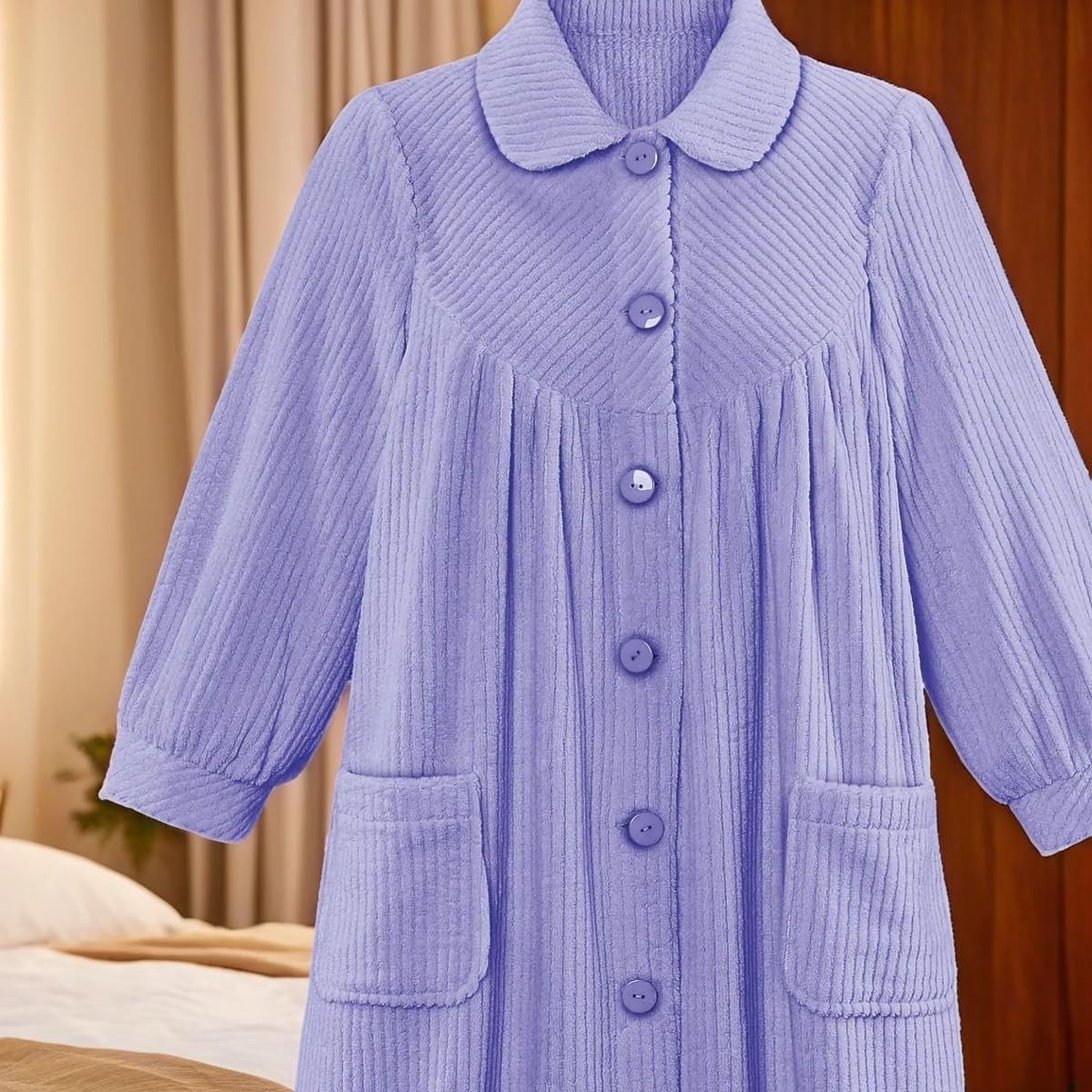Collections Etc Plush Fleece Button Front Robe with Pockets, Collar