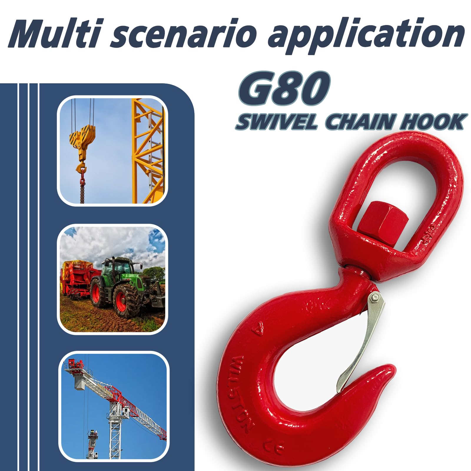 Gancio di sollevamento girevole da 5 tonnellate, gancio girevole resistente, gancio di sollevamento con fermo, gancio girevole G80, capacità di carico 4989,5 kg (1 pezzo, rosso)