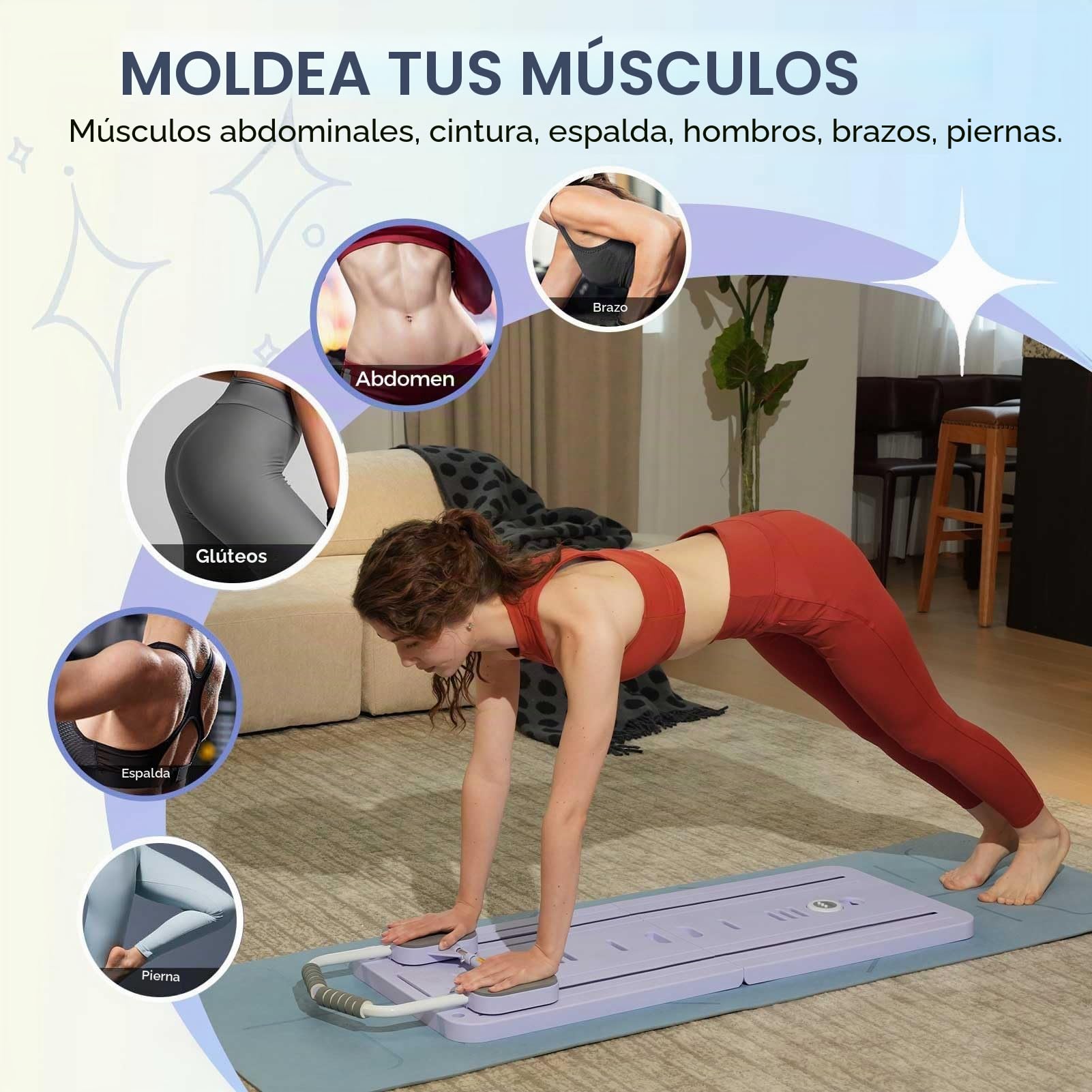 Mini Pilates Reformer Kit con Barra de Pilate y Bandas de Resistencia, Pilates Board en Casa Tabla Pilate Multifuncional Equipo de Entrenamiento