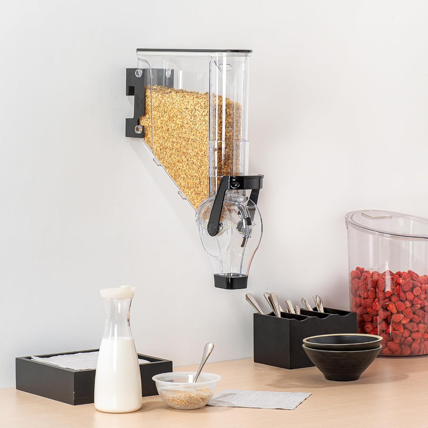 Restaurantware Cereal Dispenser 2 gal Plastic Wall-Mounted Gravity Bin Candy Dispenser Self-Serve Black Dry Food with Wall Mount Brackets for Breakfast Buffet or Hotel Use