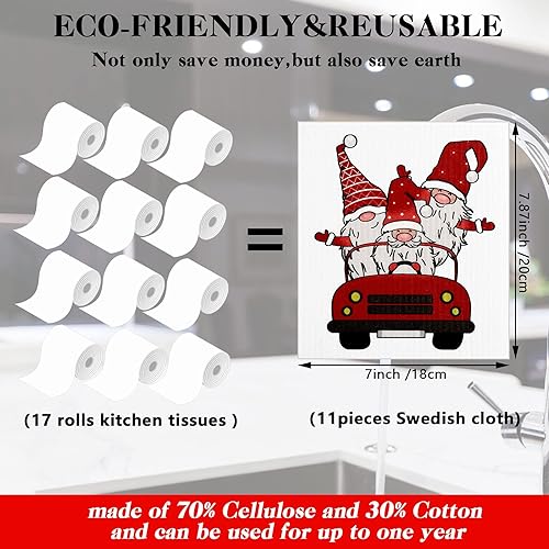 Miniatura 2 de Patelai 12 paños de cocina suecos de Navidad, gnomos de invierno, Papá Noel, alce, paños reutilizables y absorbentes suecos para suministros de