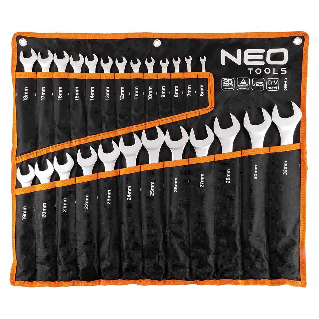 NEO TOOLS 25-częściowy zestaw kluczy płasko-oczkowych 6-32 mm ze stali CrV – zestaw kluczy płasko-oczkowych w praktycznej torbie rolowanej, profesjonalny zestaw narzędzi do warsztatu i garażu, matowy
