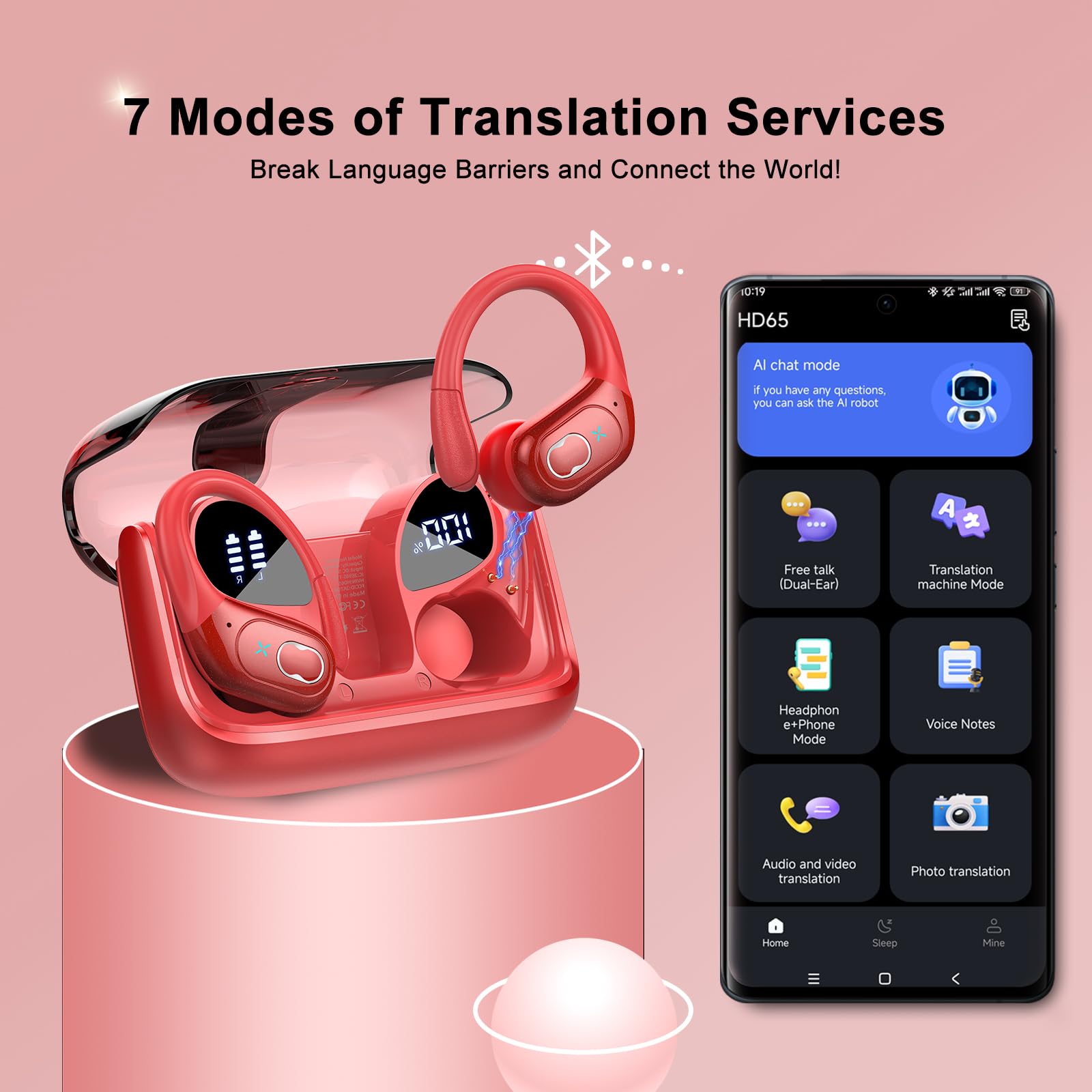 STECEi AI Auriculares Traductor en Tiempo Real(2026), 164 Idiomas y 6 Modos de Traducción, Bluetooth 5.4 con ENC y App con para Viajes/Negocios, Rojo