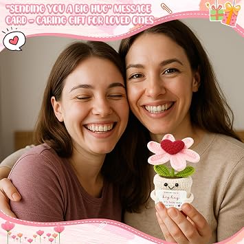 Thinking of You Gifts for Women Crochet Heart Flower Plant - Sending You A Big Hug - Cute Handmade Desk Decor Gift Baskets - Unique Get Well Soon, Sympathy, Friendship for Her Him