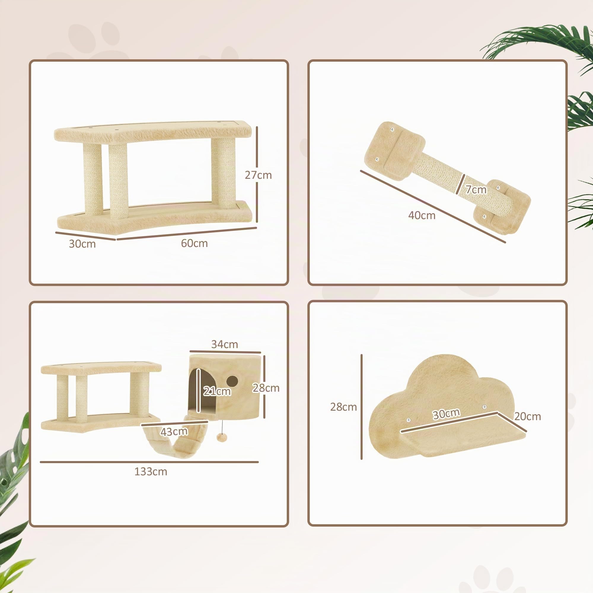 PawHut Kletterwand Katzen 5-Teilig Kratzstamm Katzenhaus bis 5 kg Beige | Katzenkletterwand, Katzen Wandelemente, Sprungplattformen, Katzenleiter, Katzenwandmöbel Set, für Klettern Spielen Schlafen