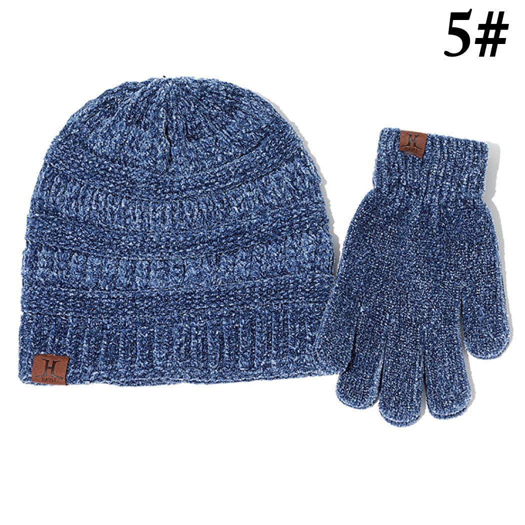 Unisex Pompon-Strick-Set, niedlich, dehnbar, Winterhandschuhe, Mütze, Fäustlinge