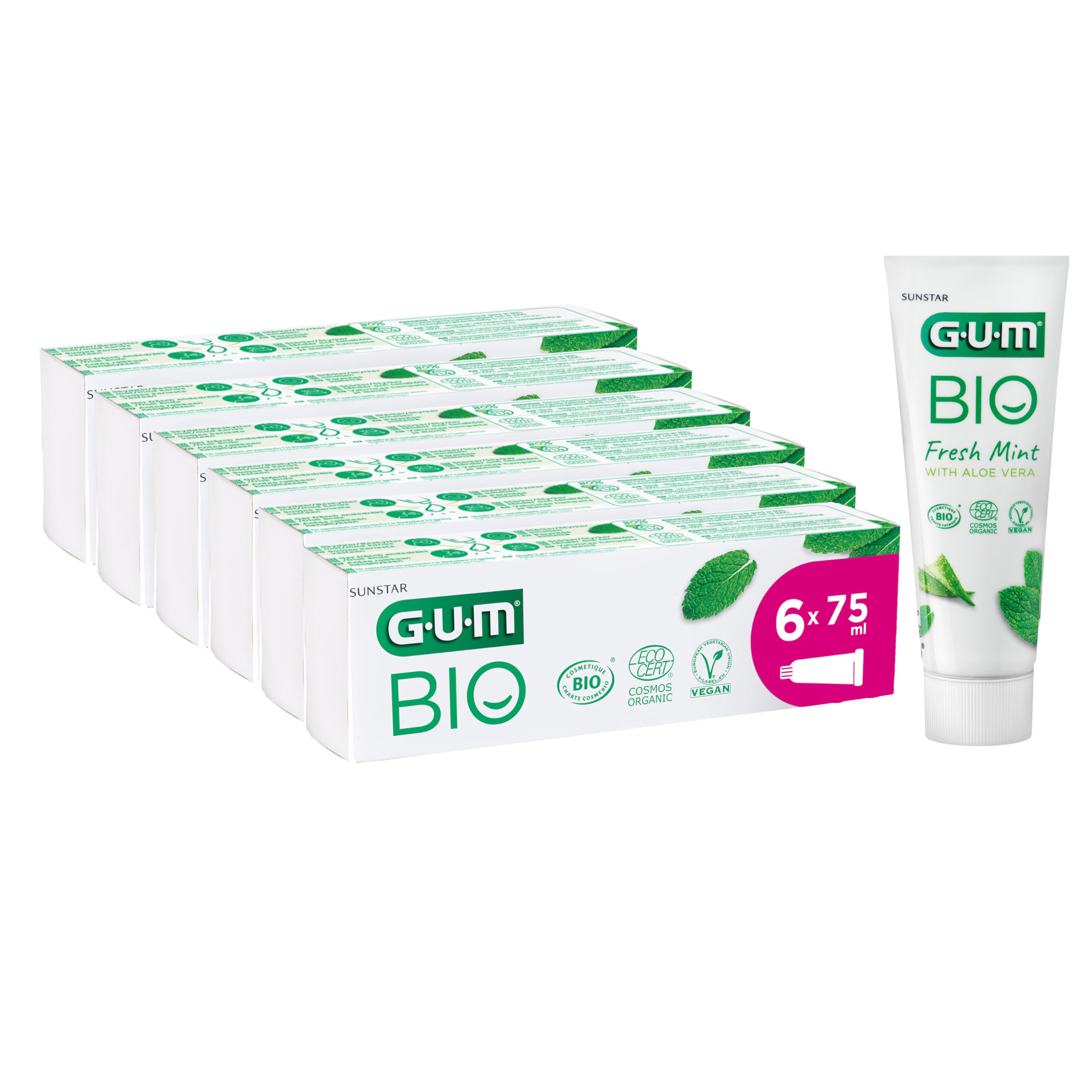 GUM Pasta de dientes orgánica, certificada orgánica y vegana, 99% ingredientes naturales, menta y aloe vera, con flúor para proteger contra caries, sin gluten ni lactosa, 6 x 75