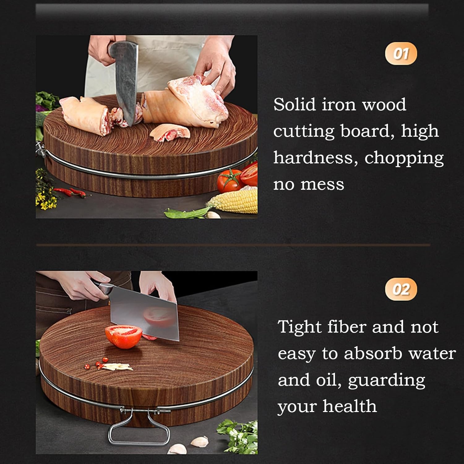 Round Cutting Board For Kitchen With Handle Iron Wood Chopping Board Charcuterie Board Butcher Block For Meat, Fruit Easy To Clean(46cm/18.1in)