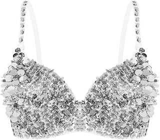 Vxuxlje Womens Beading Sparkle Glitter Padded Bra Top Rave Dance Belly Dancing Crop Tops Costume