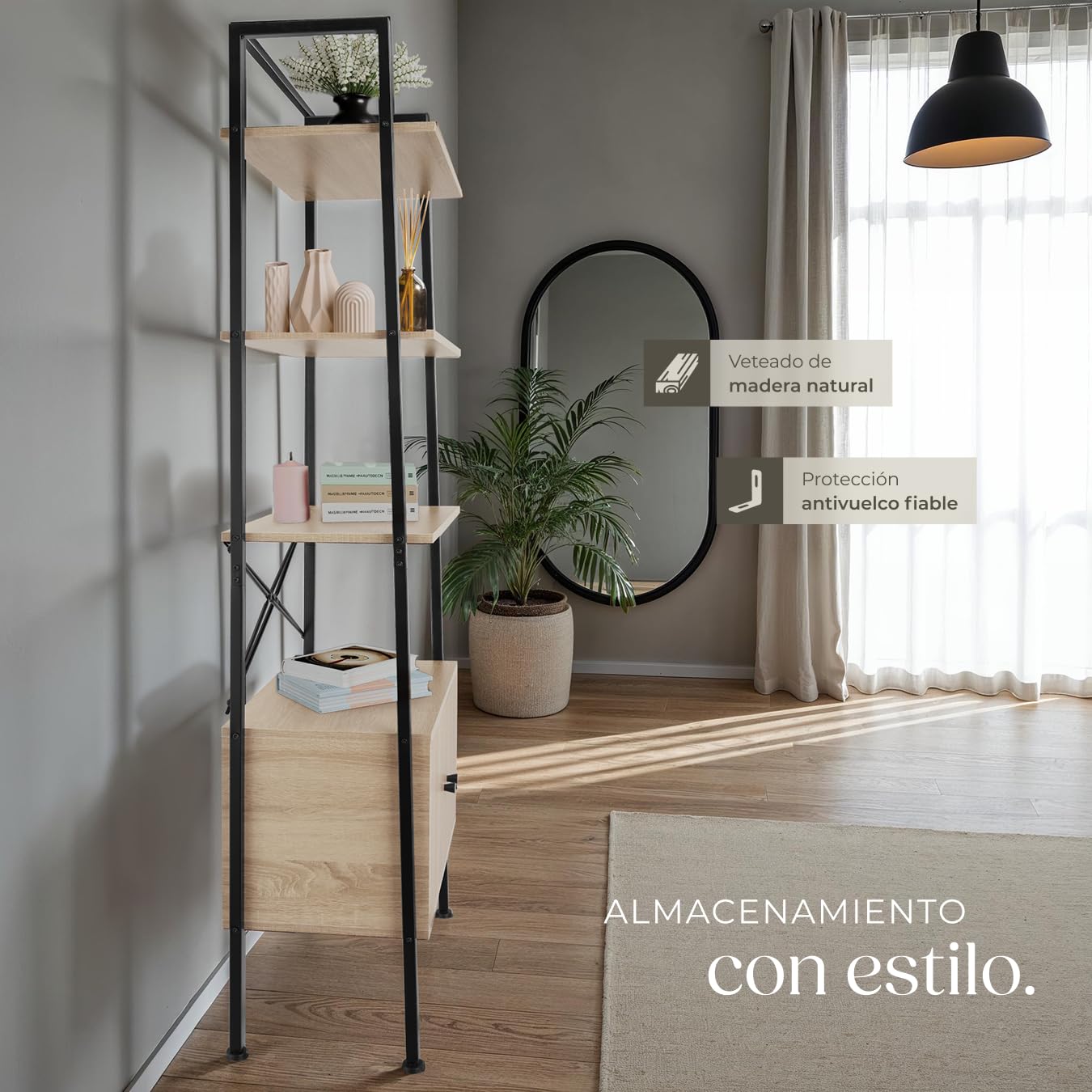 tectake® Estanteria Pared, Estanteria Libros, Mueble Auxiliar Baño con 5 Baldas, Estantería Madera para Oficina y Recibidor - 57,5 x 34 x 173 cm Madera Industrial Clara, Roble Sonoma