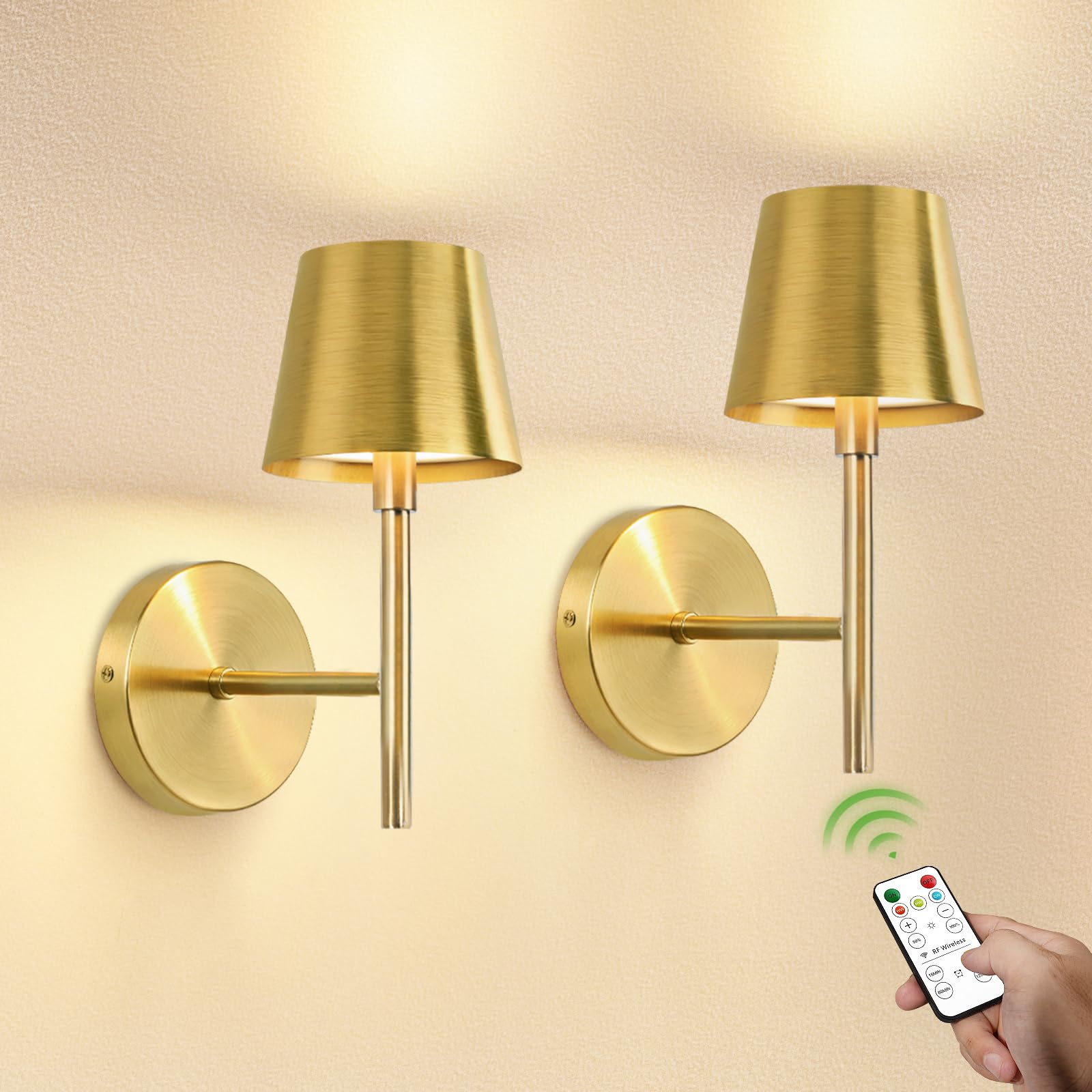 Kimjo 5200mAh Retro Gold Rechargeable Wall Light Indoor, Wireless Battery Operated Wall Lights Set of 2, Dimmable Wall Lamps & Sconces, Stick on Wall Lights for Living Room Bedroom Corridor