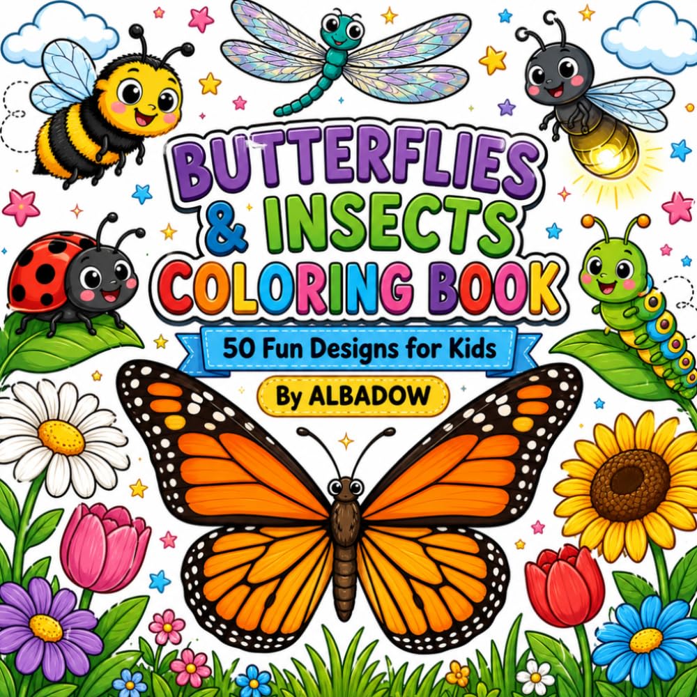 Butterflies & Insects Coloring Book: 50 Fun Designs for Kids: Monarch Butterflies, Ladybugs, Bees, Caterpillars & More
