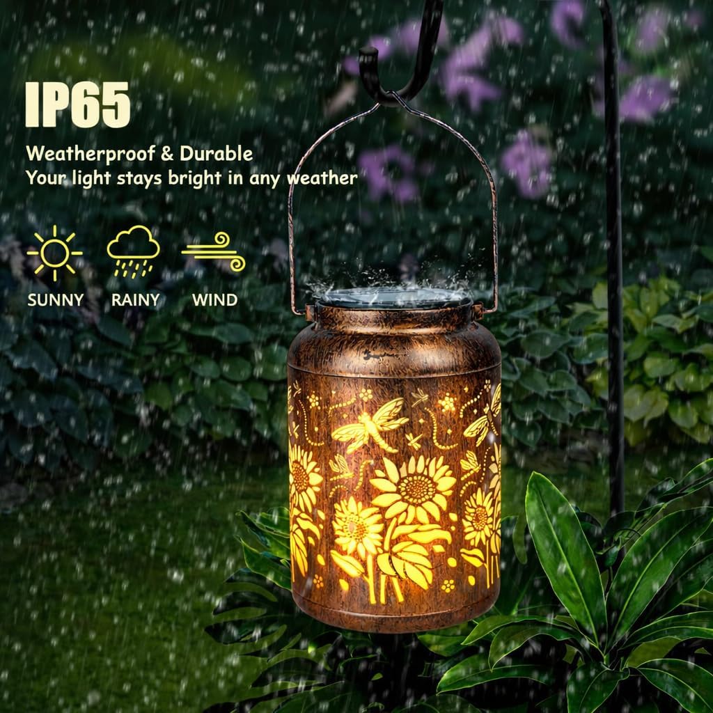 Sunflower Solar Lantern Outdoor Waterproof with Dragonfly, Metal Hanging Lantern, Auto On/Off for Garden Patio Backyard, Mother’s Day Gift for Women, Mom, Grandma & Mother-in-Law - Image 4