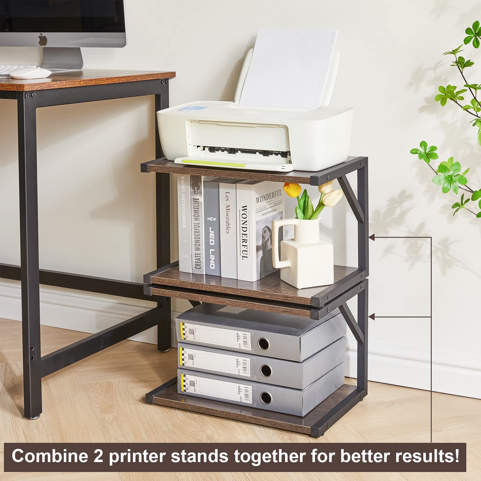 IBUYKE 2-Tier Desktop Printer Stand Holder, Multi-Purpose Desk Organizer Storage Shelf, Book Shelf Printer Shelf for Fax Machine, Scanner, Files, Books, Dark Grey UTLJ004G