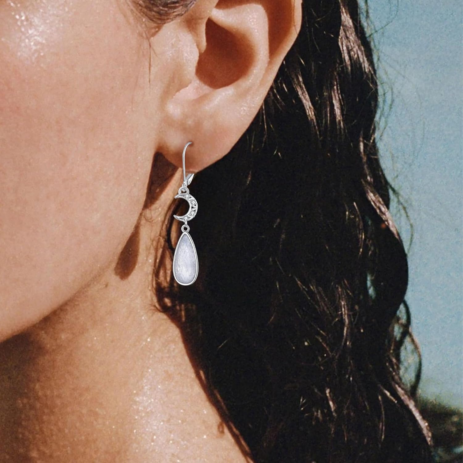 Genuine Moonstone Moon Star Dangle Earrings 925 Sterling Silver Teardrop Moonstone Mystical Boho Jewelry Healing Gemstone Gift for Women