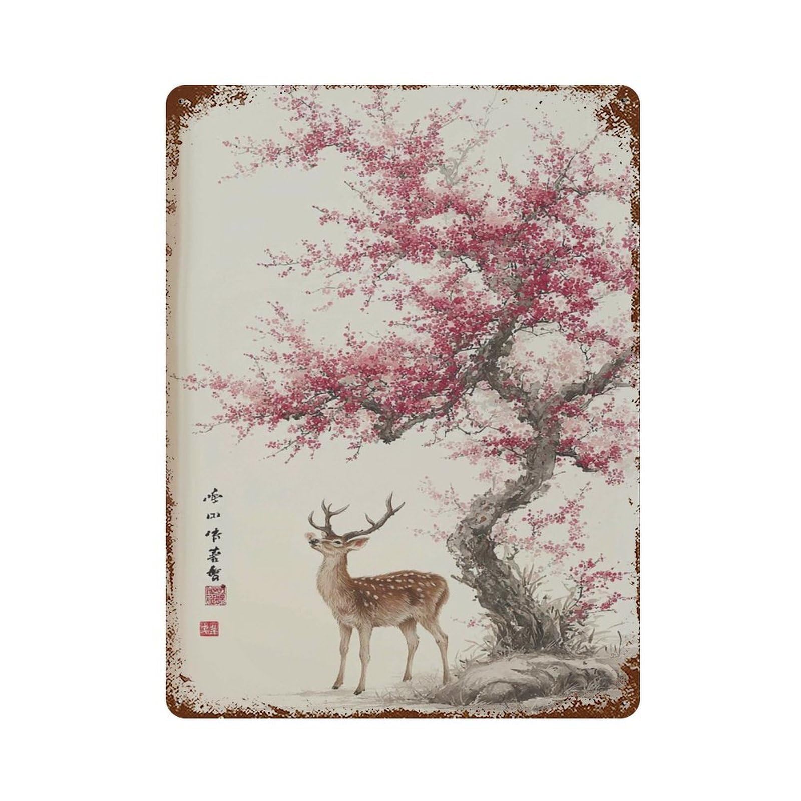 xiaoxiaoshen Cherry Blossom Deer Japanese Ink Painting Nature Zen Asian Wildlife Tranquil Wor Wall Decor Art Metal Tin Poster Modern Home Decor Art Home Bar Shop Decorations Vintage Sign 40x30cm