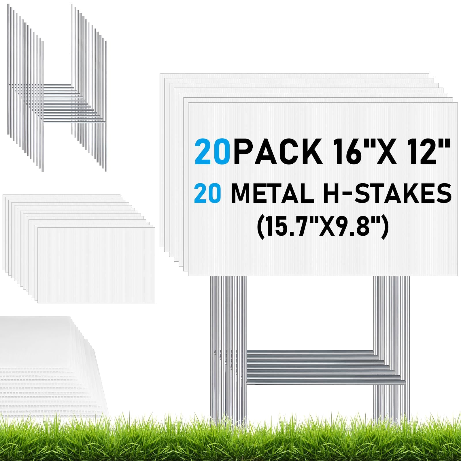 20 Pièces Panneaux de Jardin Blancs avec Piquets – Panneaux Extérieurs en Plastique Alvéolaire 41 x 30 cm avec Supports Métalliques en H, pour Location, Vide-Grenier, Fléchage, Mariage, Fête