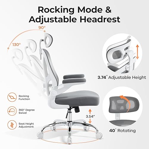 Miniatura 5 de Silla de oficina ergonómica con soporte lumbar, soporte para la cabeza, función de balanceo, reposabrazos de relleno, silla de escritorio de malla