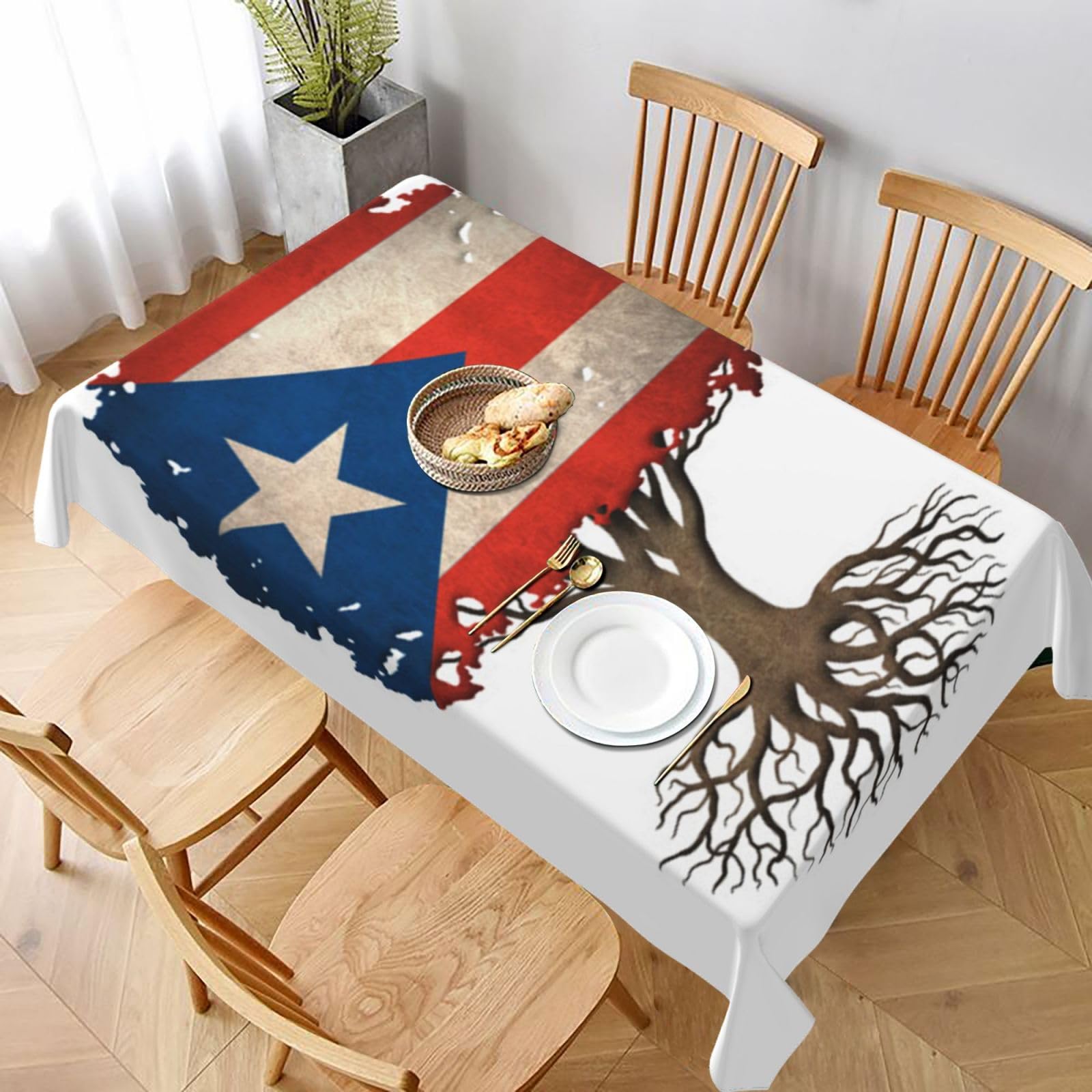 BNVSADC Tree of Life with Puerto Rican Flag Printed Rectangle Tablecloth 228x152 CM, Water Resistant Polyester Table Cloth Decorative Fabric Table Covers for Kitchen Dining Table Parties Camping