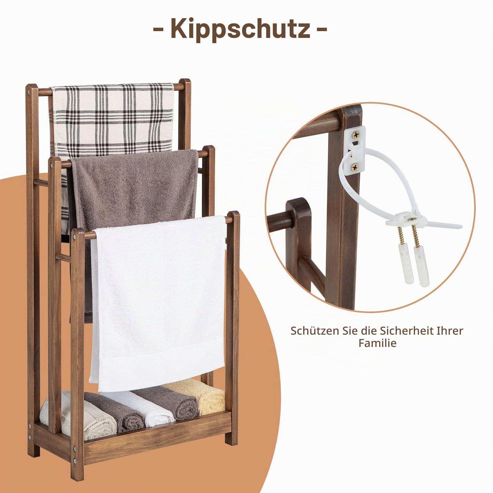 LIFEZEAL Handtuchständer Stehend, Duschtuchhalter Handtuchhalter Holz, Badetuchhalter Freistehend mit 3 Handtuchstangen & Ablage, Standhandtuchhalter 3-armig für Bad (Braun)
