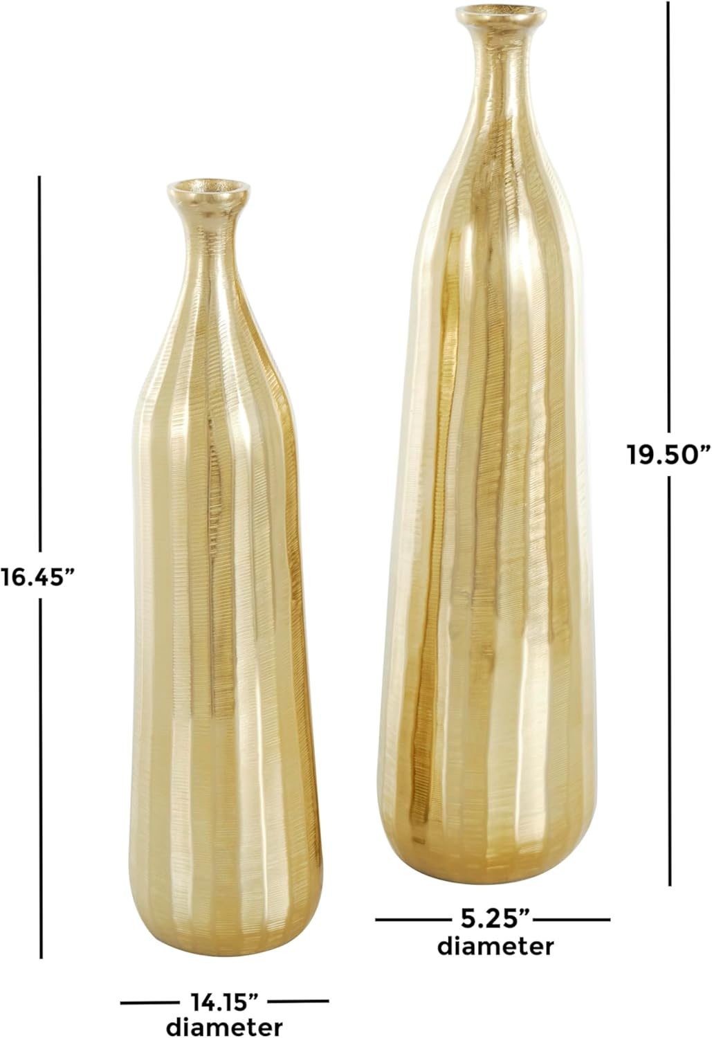 Deco 79 Aluminum Metal Decorative Vase Centerpiece Vases with Wavy Accents and Textured Ridges, Set of 2 Flower Vases for Home Decoration 20", 16" H, Gold