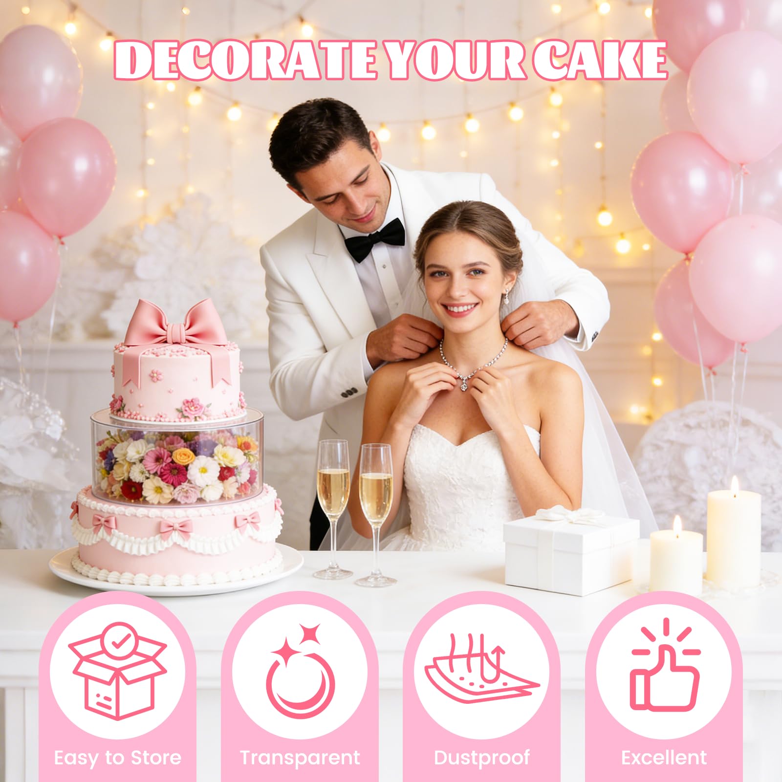 Espositore per torta a 3 ripiani in acrilico, vassoio per torte rotondo trasparente riempibile con 3 strisce luminose a LED (batterie non incluse) scatole impilabili per matrimoni, feste