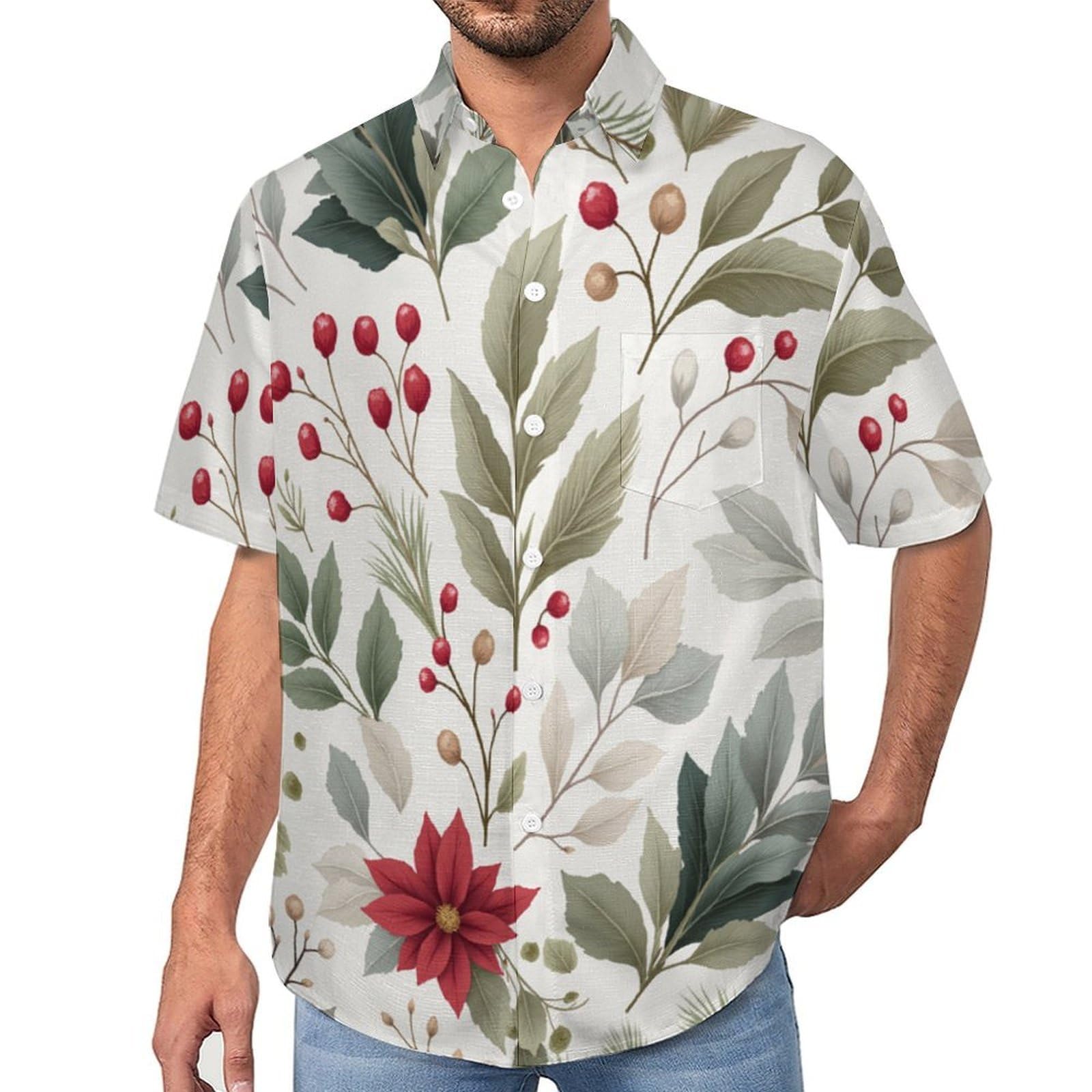 Camicie da Uomo a Maniche Corte con Stampa della Arte con Foglie Piante Sempreverdi, Casual Leggere Bottoni Camicia con Tasca Frontale, per Vacanze Spiaggia Estate