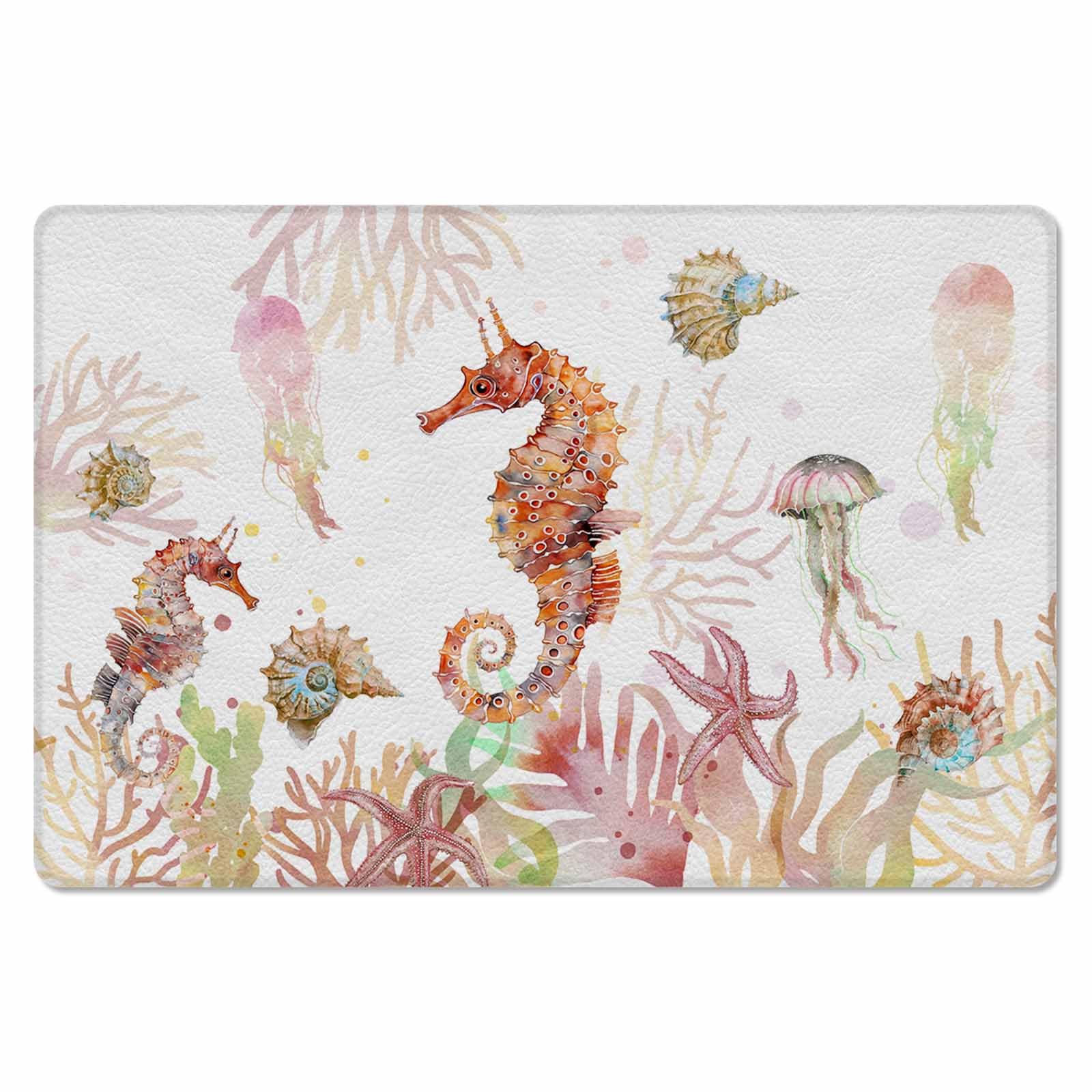Orange Sea Horse Antifatigue Kitchen Bath Door Mat Cushioned Runner Rug,Washable Welcome Floor Sink Mat,Waterproof & Non-Slip Standing Doormat for Kitchen,Coastal Nautical Starfish Coral Conch 18