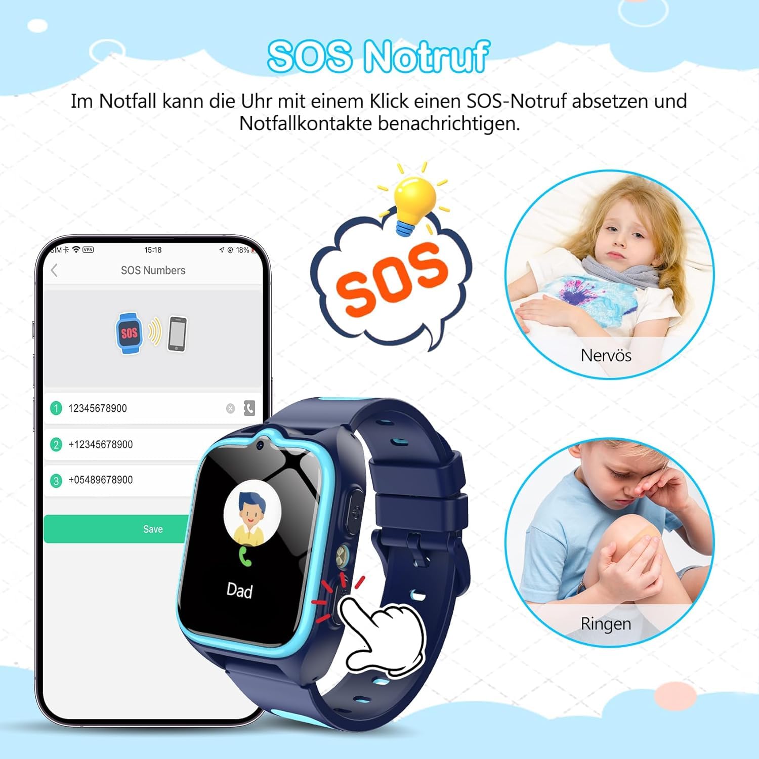 IOWODO Montre Connectée Enfants 4G Wi-FI, GPS, SOS, Enfant Écran HD de 1,83 Pouces, Appels, Appels Vidéo, Chat Vocal, Whatsapp, Étanche IP68, Mode École, Podomètre, Réveil (Bleu)