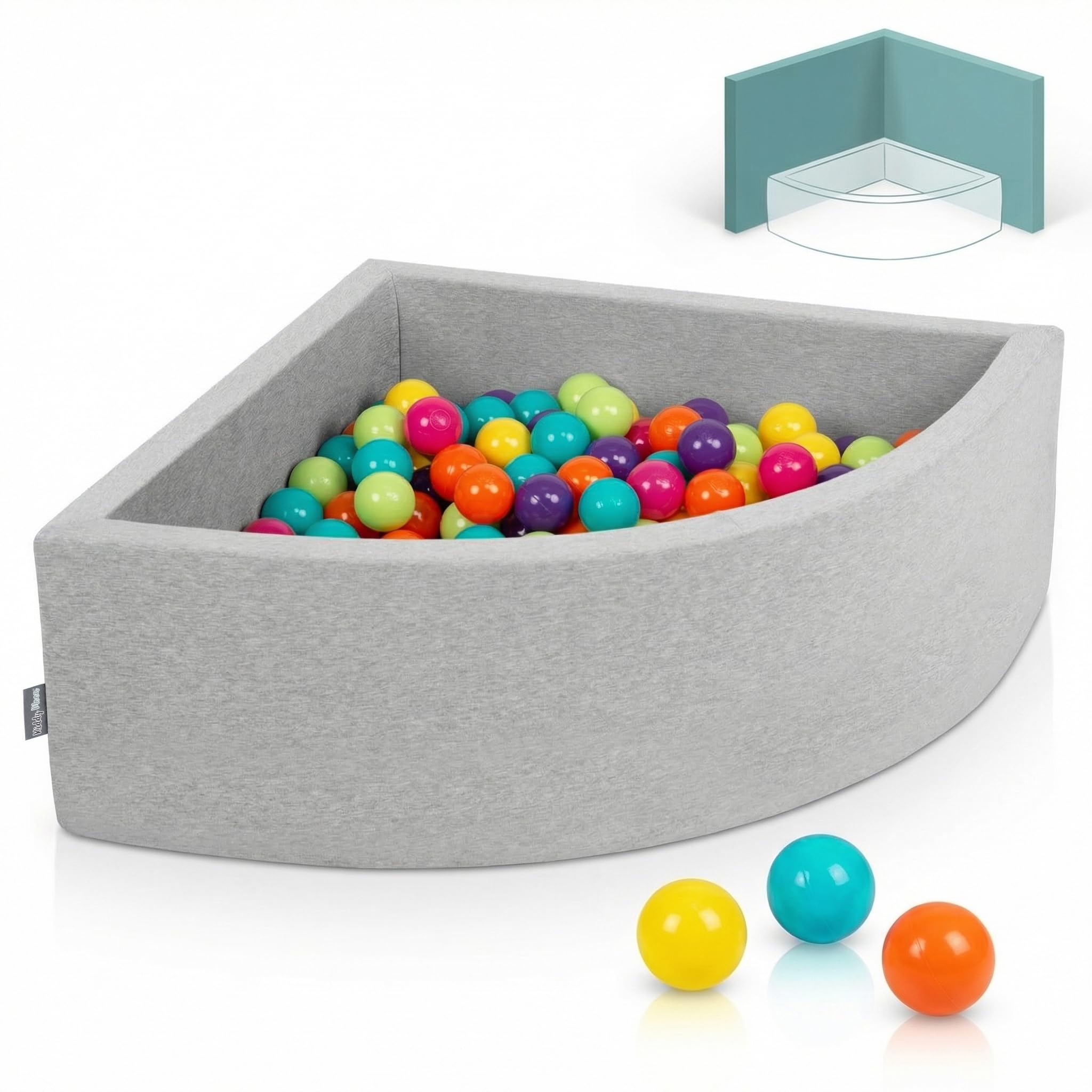 KiddyMoon Piscina de Bolas Cuarto de Esquina 90x30cm con 200 Bolas 7cm Piscina de Espuma para Bebé y Niño Pequeño - Grisclr: Verdclr Amaril Turque Naranj Rosaos Violet