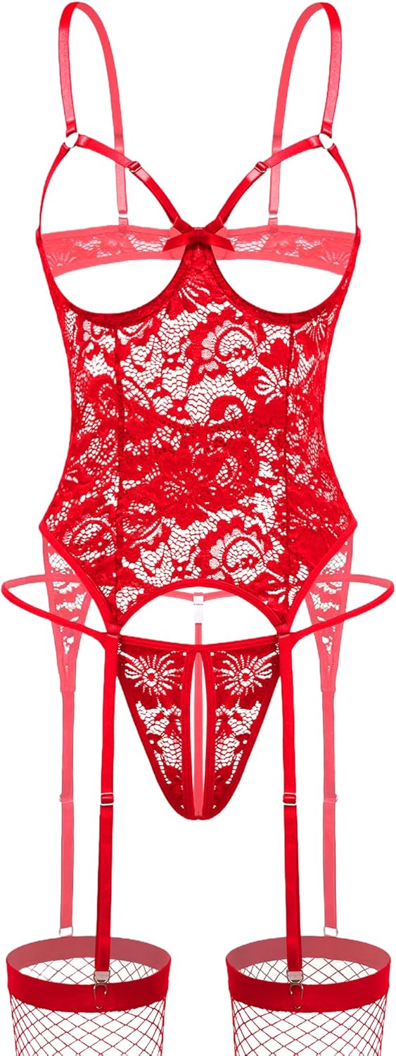 Avidlove Lingerie Sets for Women Underwire Lingerie Sexy Lace Cutout Bodysuit Garter Teddy with Fishnet Stockings - Image 3