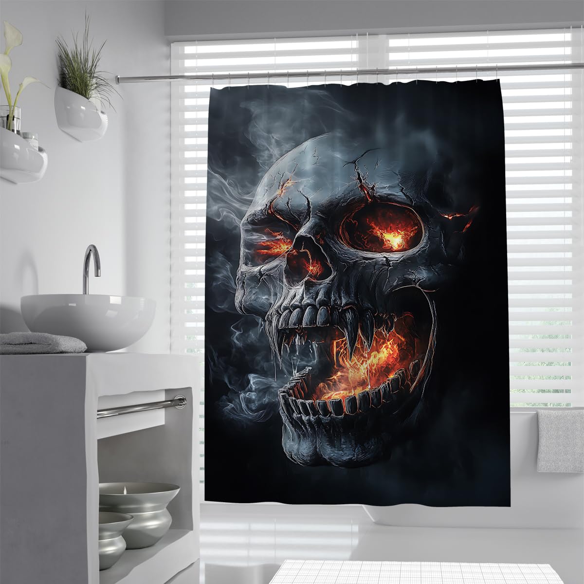 UIRINGART Scary Burning Skull Shower Curtain W90xL180cm Gothic Dark Vampire Bones Fabric Bath Decor Rustproof Grommets Washable Bathroom Curtains with Hooks