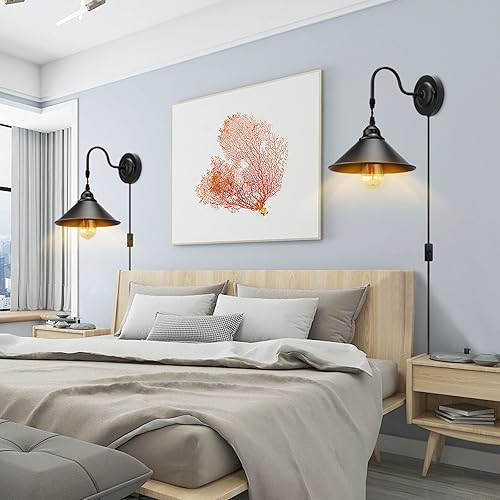 Miniatura 6 de Apliques de pared enchufables, juego de 2 lámparas de pared vintage con interruptor de encendidoapagado, lámpara industrial de metal negro para