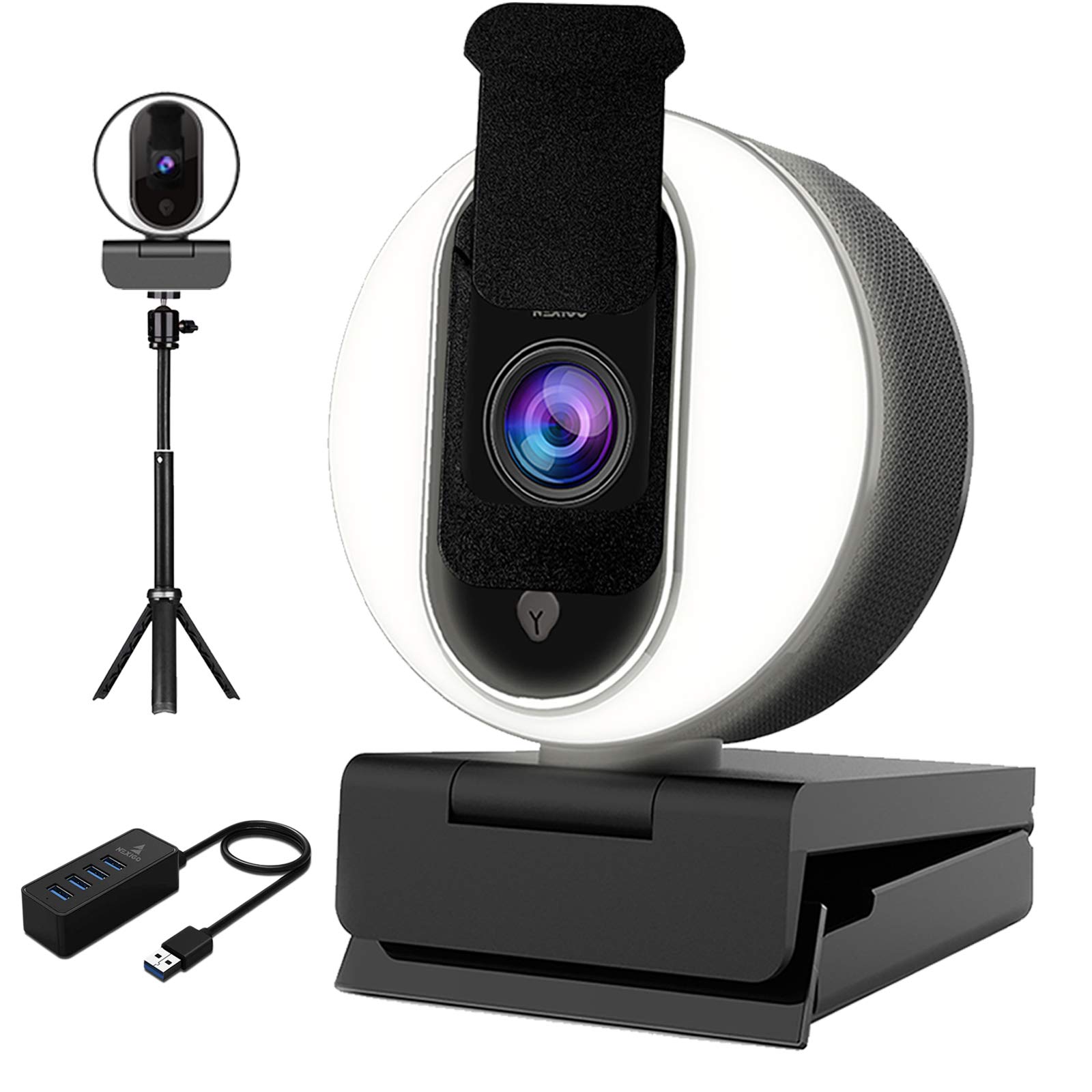 NexiGo1080P Streaming Webcam Kits, AutoFocus USB Web Camera with Ring Light and Privacy Cover, Extendable Tripod Stand, USB 3.0 Hub, for Zoom/Skype/Teams Online Teaching, Laptop MAC PC Desktop