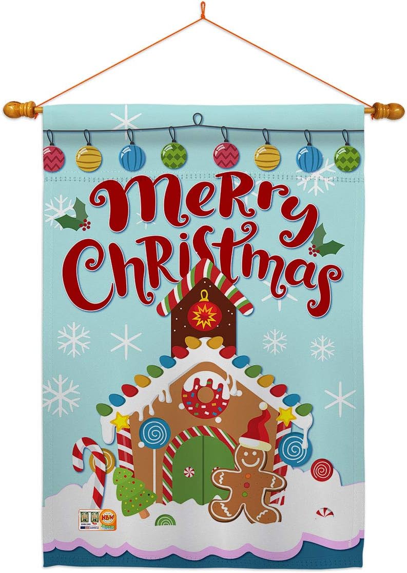 Christmas Gingerbread House Flag Dowel Set Wintertime Santa Marry Xmas Present Reindeer Season Snow Small Decorative Gift Yard Banner Made In USA 28 X 40